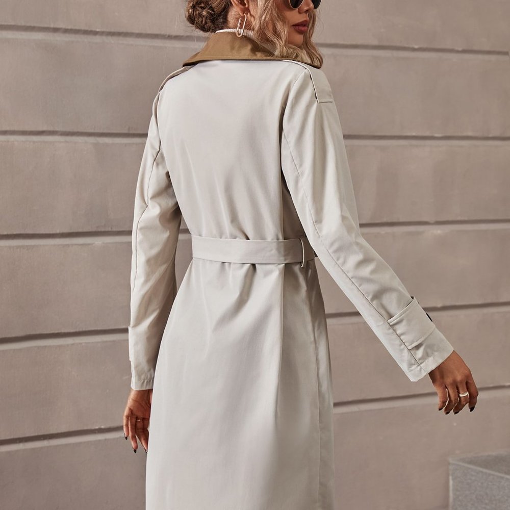 Brand New Colorblock Lapel Collar Single Breasted Belted Trench Coat - Picture 3 of 5